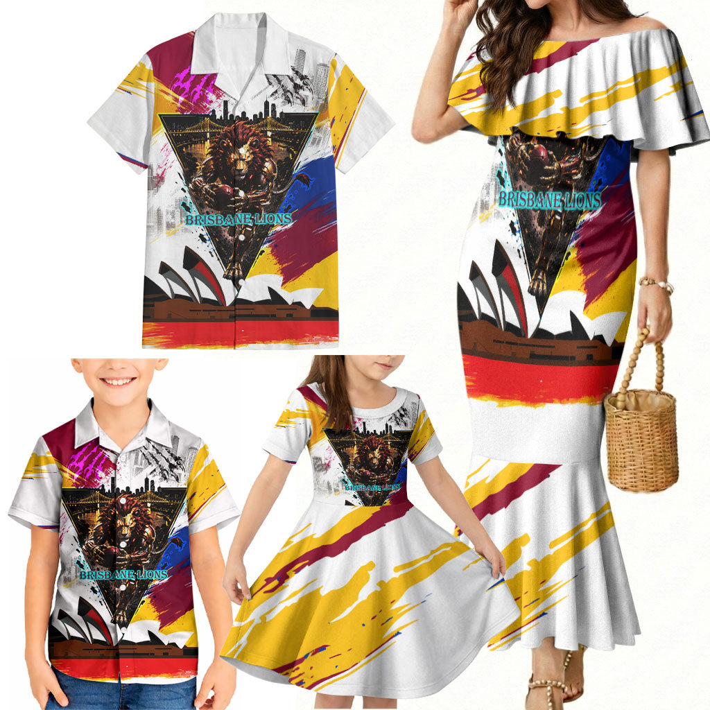 Personalised Brisbane Lions Football Family Matching Mermaid Dress and Hawaiian Shirt Australia City Skyline Graphic Fierce Mascot Art