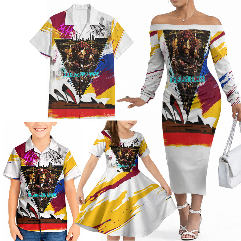 Personalised Brisbane Lions Football Family Matching Off The Shoulder Long Sleeve Dress and Hawaiian Shirt Australia City Skyline Graphic Fierce Mascot Art