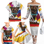 Personalised Brisbane Lions Football Family Matching Off The Shoulder Long Sleeve Dress and Hawaiian Shirt Australia City Skyline Graphic Fierce Mascot Art