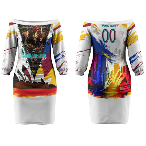 Personalised Brisbane Lions Football Family Matching Off The Shoulder Long Sleeve Dress and Hawaiian Shirt Australia City Skyline Graphic Fierce Mascot Art