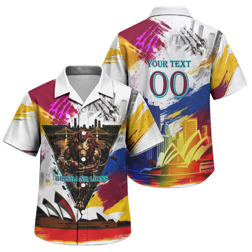 Personalised Brisbane Lions Football Family Matching Off The Shoulder Long Sleeve Dress and Hawaiian Shirt Australia City Skyline Graphic Fierce Mascot Art