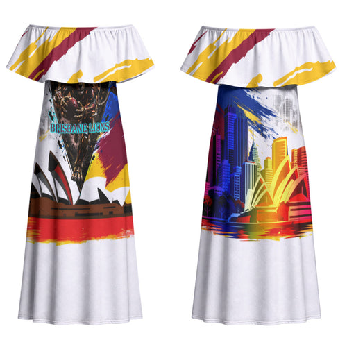 Personalised Brisbane Lions Football Family Matching Off Shoulder Maxi Dress and Hawaiian Shirt Australia City Skyline Graphic Fierce Mascot Art