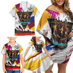 Personalised Brisbane Lions Football Family Matching Off Shoulder Short Dress and Hawaiian Shirt Australia City Skyline Graphic Fierce Mascot Art