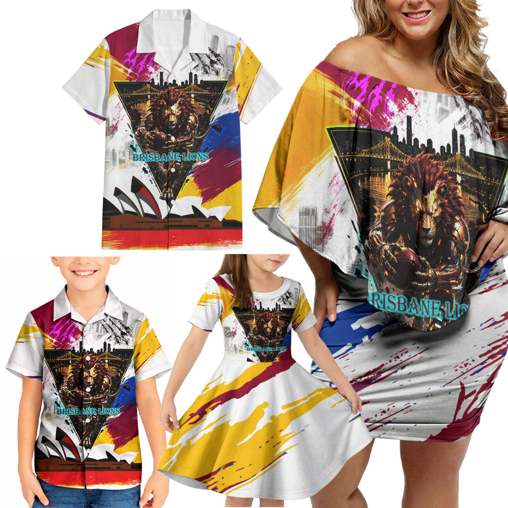 Personalised Brisbane Lions Football Family Matching Off Shoulder Short Dress and Hawaiian Shirt Australia City Skyline Graphic Fierce Mascot Art