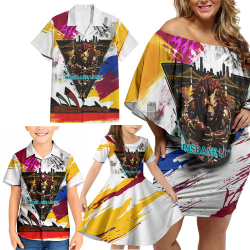 Personalised Brisbane Lions Football Family Matching Off Shoulder Short Dress and Hawaiian Shirt Australia City Skyline Graphic Fierce Mascot Art