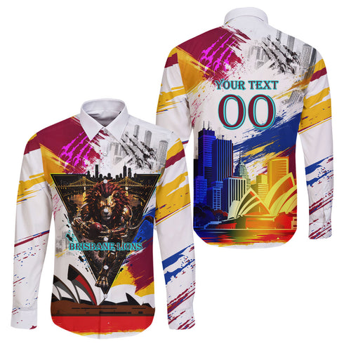 Personalised Brisbane Lions Football Family Matching Off Shoulder Short Dress and Hawaiian Shirt Australia City Skyline Graphic Fierce Mascot Art