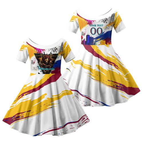 Personalised Brisbane Lions Football Family Matching Off Shoulder Short Dress and Hawaiian Shirt Australia City Skyline Graphic Fierce Mascot Art
