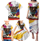Personalised Brisbane Lions Football Family Matching Puletasi and Hawaiian Shirt Australia City Skyline Graphic Fierce Mascot Art