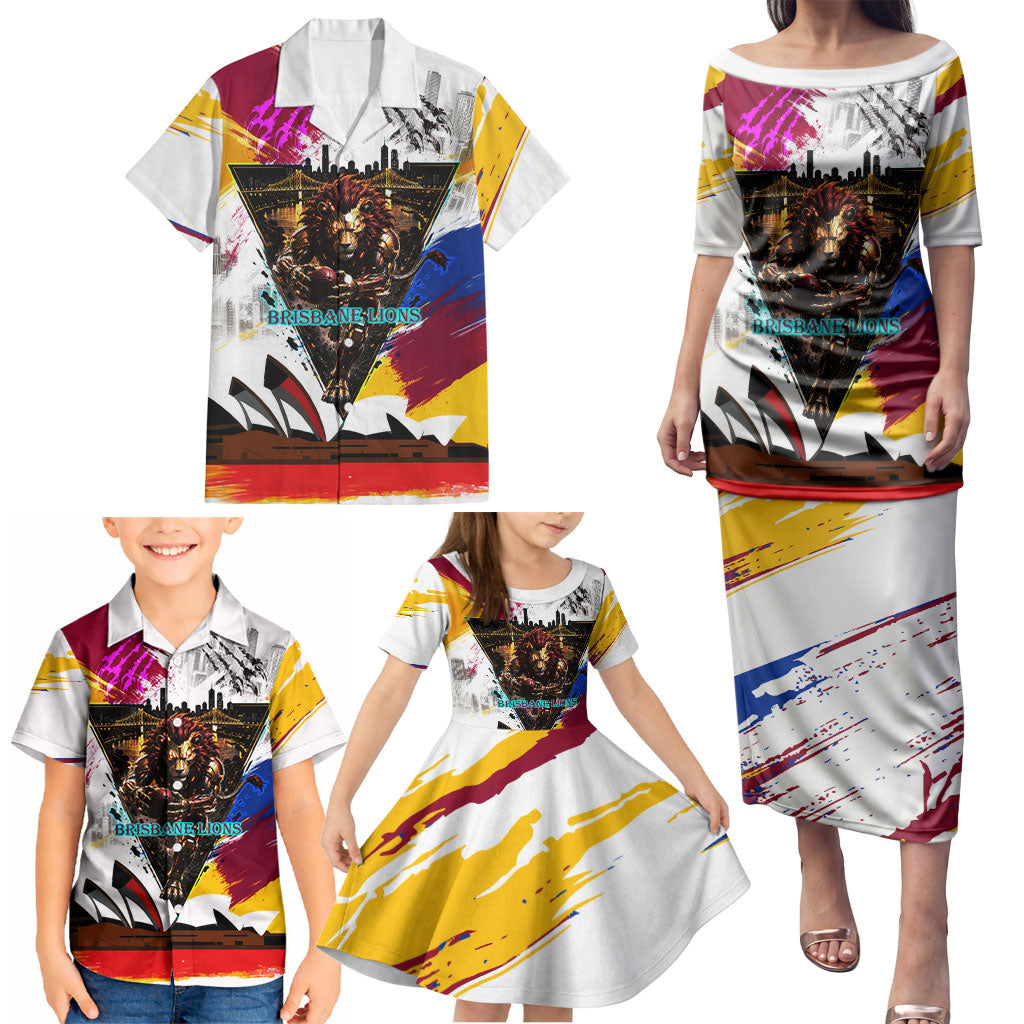 Personalised Brisbane Lions Football Family Matching Puletasi and Hawaiian Shirt Australia City Skyline Graphic Fierce Mascot Art