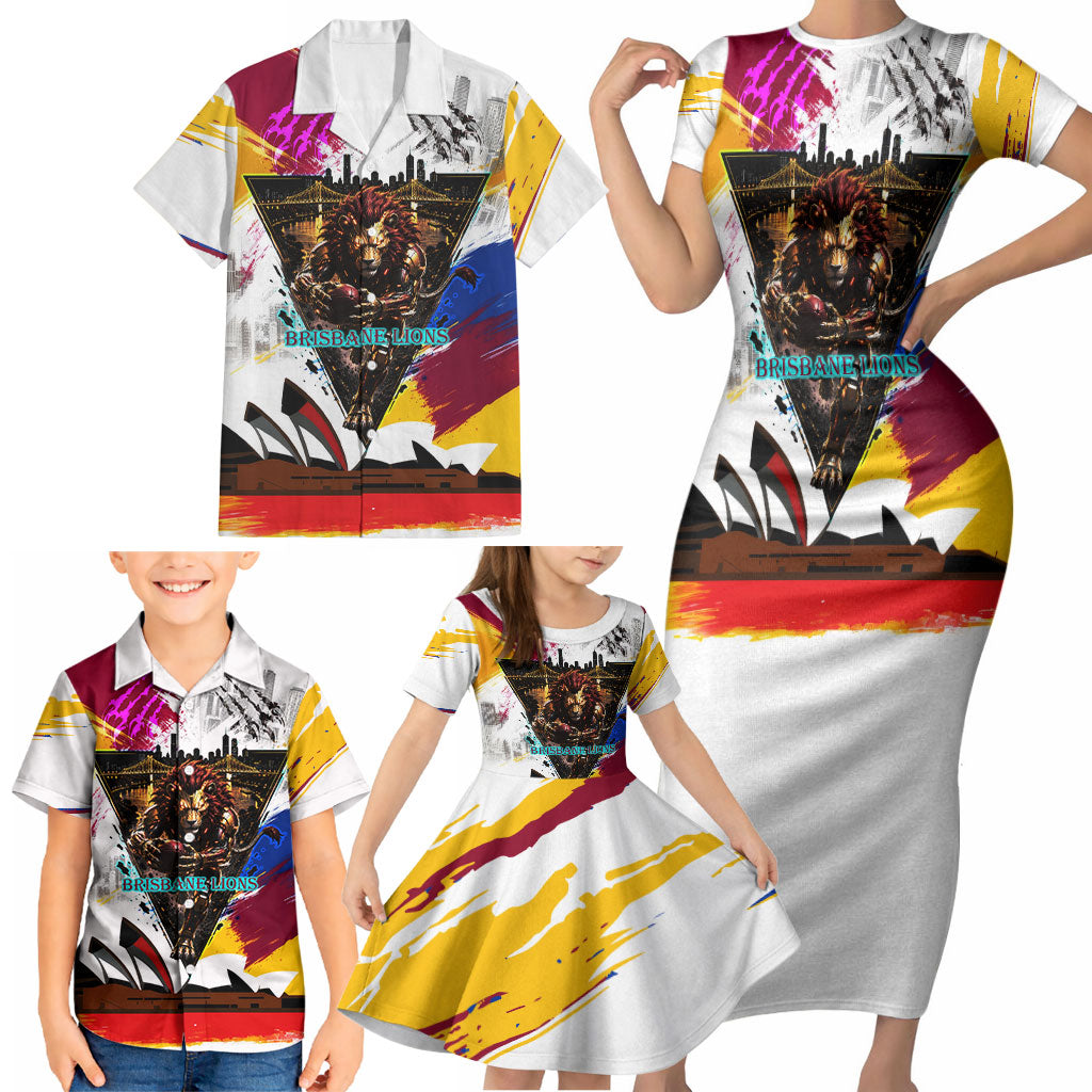 Personalised Brisbane Lions Football Family Matching Short Sleeve Bodycon Dress and Hawaiian Shirt Australia City Skyline Graphic Fierce Mascot Art