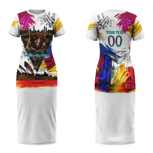 Personalised Brisbane Lions Football Family Matching Short Sleeve Bodycon Dress and Hawaiian Shirt Australia City Skyline Graphic Fierce Mascot Art