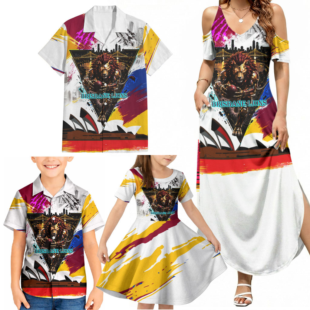 Personalised Brisbane Lions Football Family Matching Summer Maxi Dress and Hawaiian Shirt Australia City Skyline Graphic Fierce Mascot Art