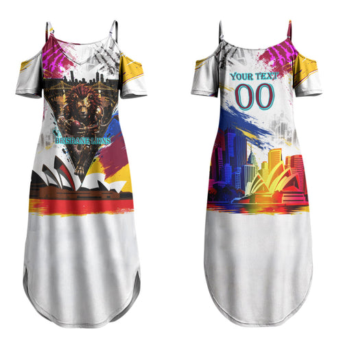 Personalised Brisbane Lions Football Family Matching Summer Maxi Dress and Hawaiian Shirt Australia City Skyline Graphic Fierce Mascot Art