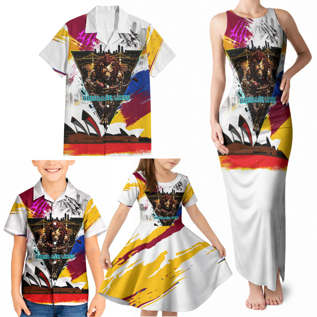 Personalised Brisbane Lions Football Family Matching Tank Maxi Dress and Hawaiian Shirt Australia City Skyline Graphic Fierce Mascot Art