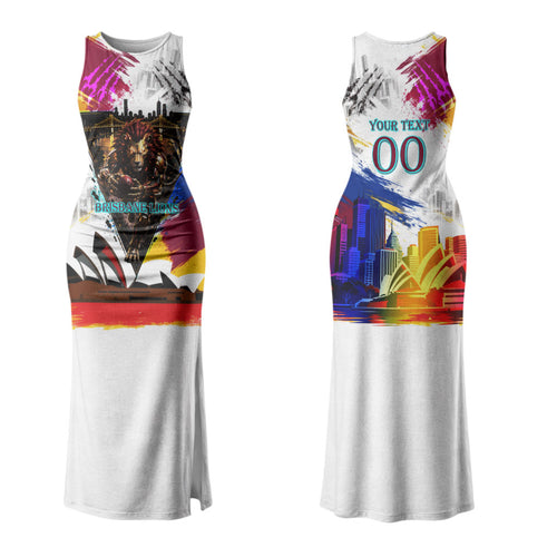 Personalised Brisbane Lions Football Family Matching Tank Maxi Dress and Hawaiian Shirt Australia City Skyline Graphic Fierce Mascot Art
