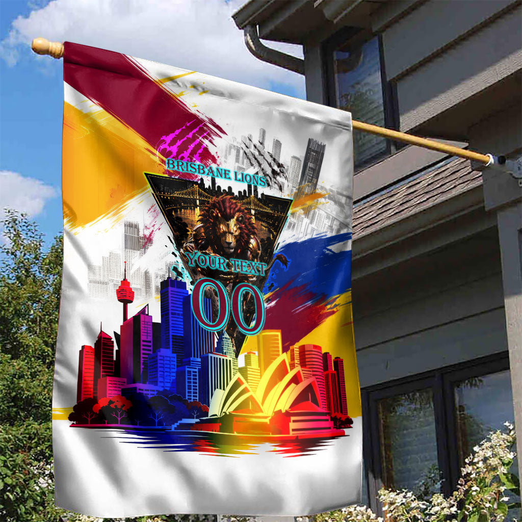 Personalised Brisbane Lions Football Garden Flag Australia City Skyline Graphic Fierce Mascot Art