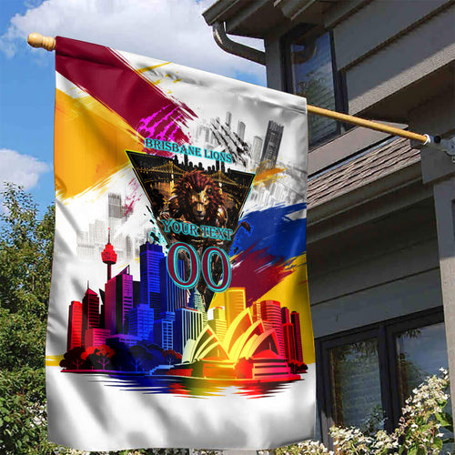 Personalised Brisbane Lions Football Garden Flag Australia City Skyline Graphic Fierce Mascot Art