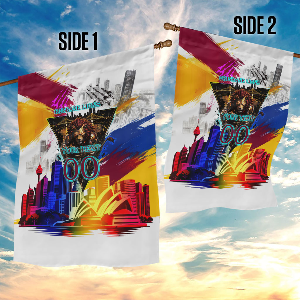 Personalised Brisbane Lions Football Garden Flag Australia City Skyline Graphic Fierce Mascot Art