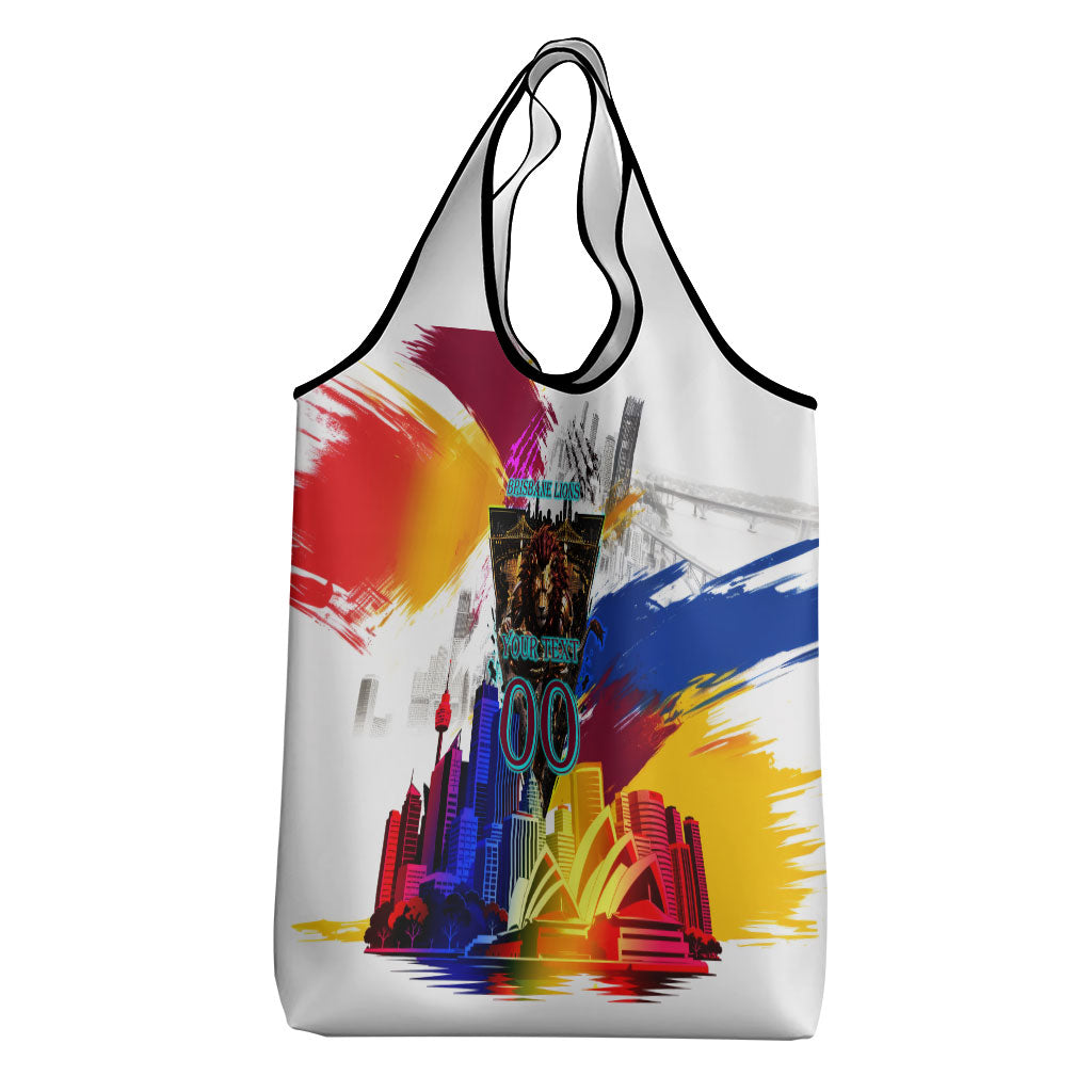 Personalised Brisbane Lions Football Grocery Bag Australia City Skyline Graphic Fierce Mascot Art
