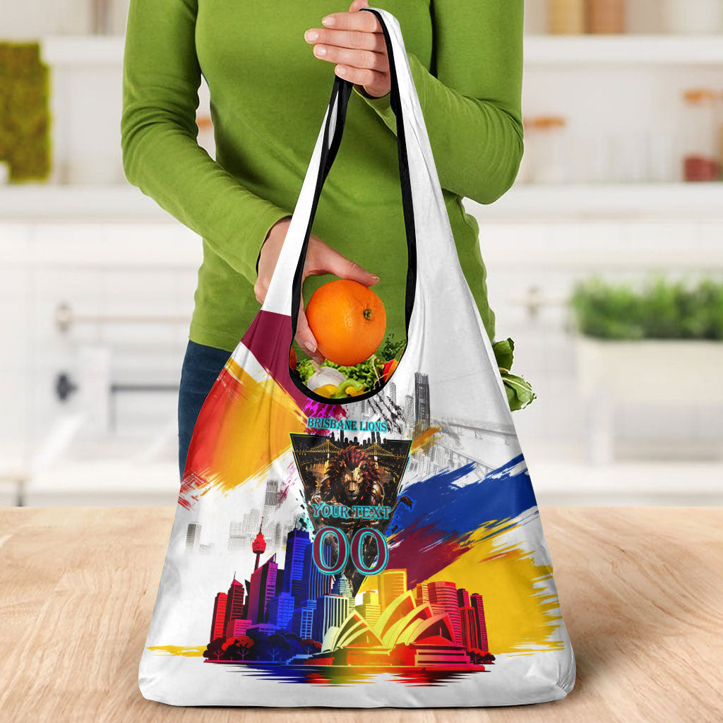 Personalised Brisbane Lions Football Grocery Bag Australia City Skyline Graphic Fierce Mascot Art