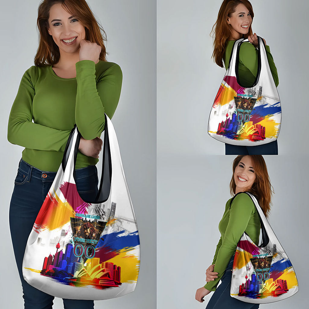 Personalised Brisbane Lions Football Grocery Bag Australia City Skyline Graphic Fierce Mascot Art