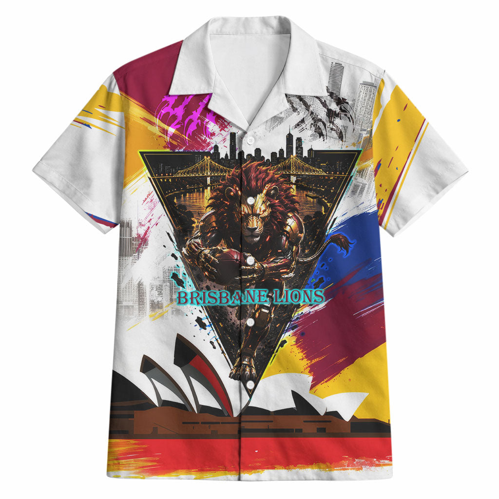 Personalised Brisbane Lions Football Hawaiian Shirt Australia City Skyline Graphic Fierce Mascot Art