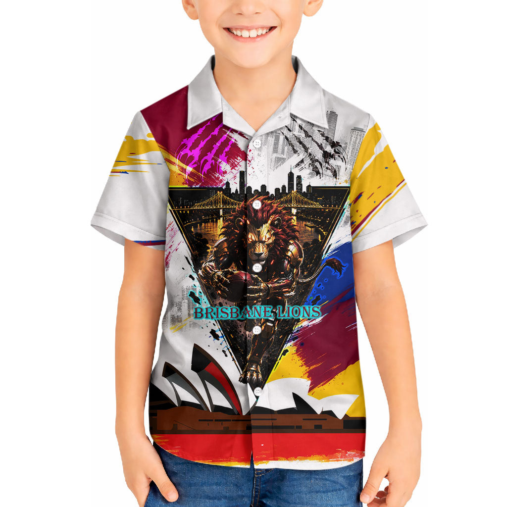 Personalised Brisbane Lions Football Hawaiian Shirt Australia City Skyline Graphic Fierce Mascot Art
