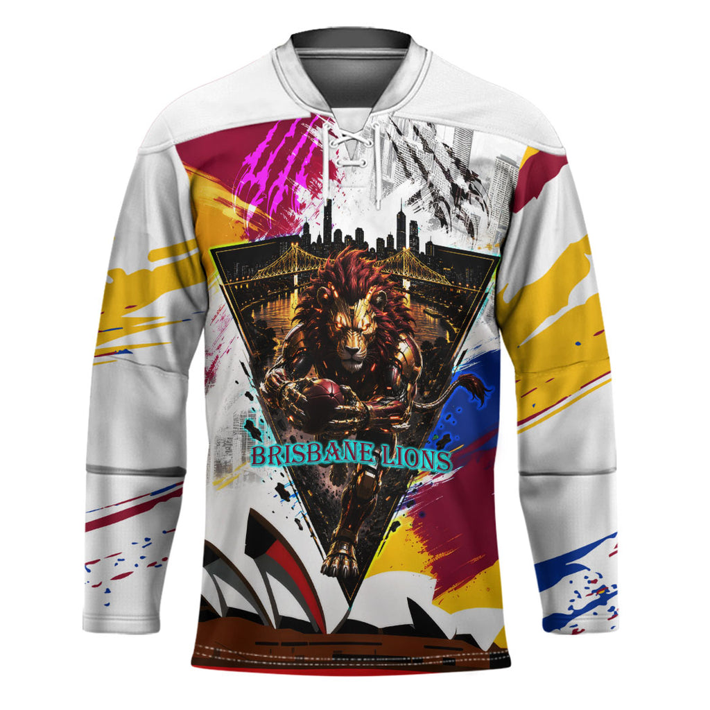 Personalised Brisbane Lions Football Hockey Jersey Australia City Skyline Graphic Fierce Mascot Art