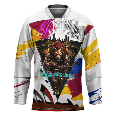 Personalised Brisbane Lions Football Hockey Jersey Australia City Skyline Graphic Fierce Mascot Art