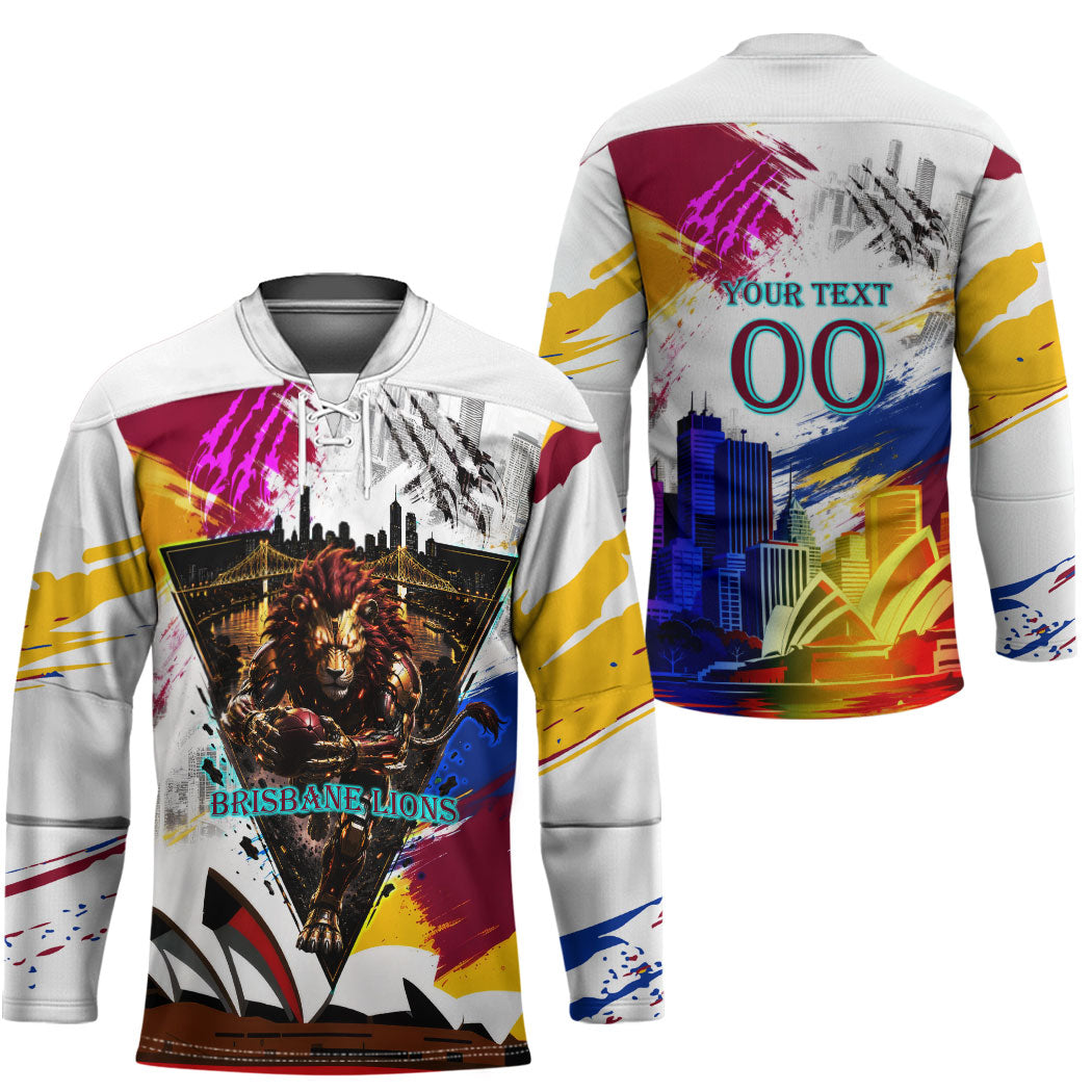 Personalised Brisbane Lions Football Hockey Jersey Australia City Skyline Graphic Fierce Mascot Art