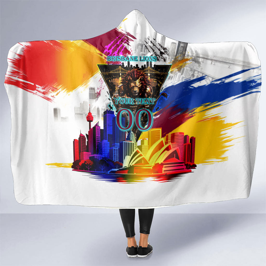 Personalised Brisbane Lions Football Hooded Blanket Australia City Skyline Graphic Fierce Mascot Art