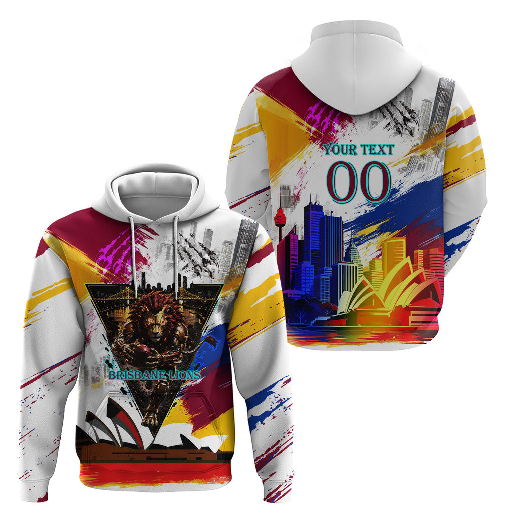 Personalised Brisbane Lions Football Hoodie Australia City Skyline Graphic Fierce Mascot Art