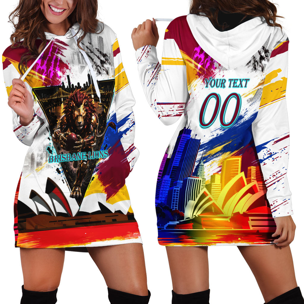 Personalised Brisbane Lions Football Hoodie Dress Australia City Skyline Graphic Fierce Mascot Art