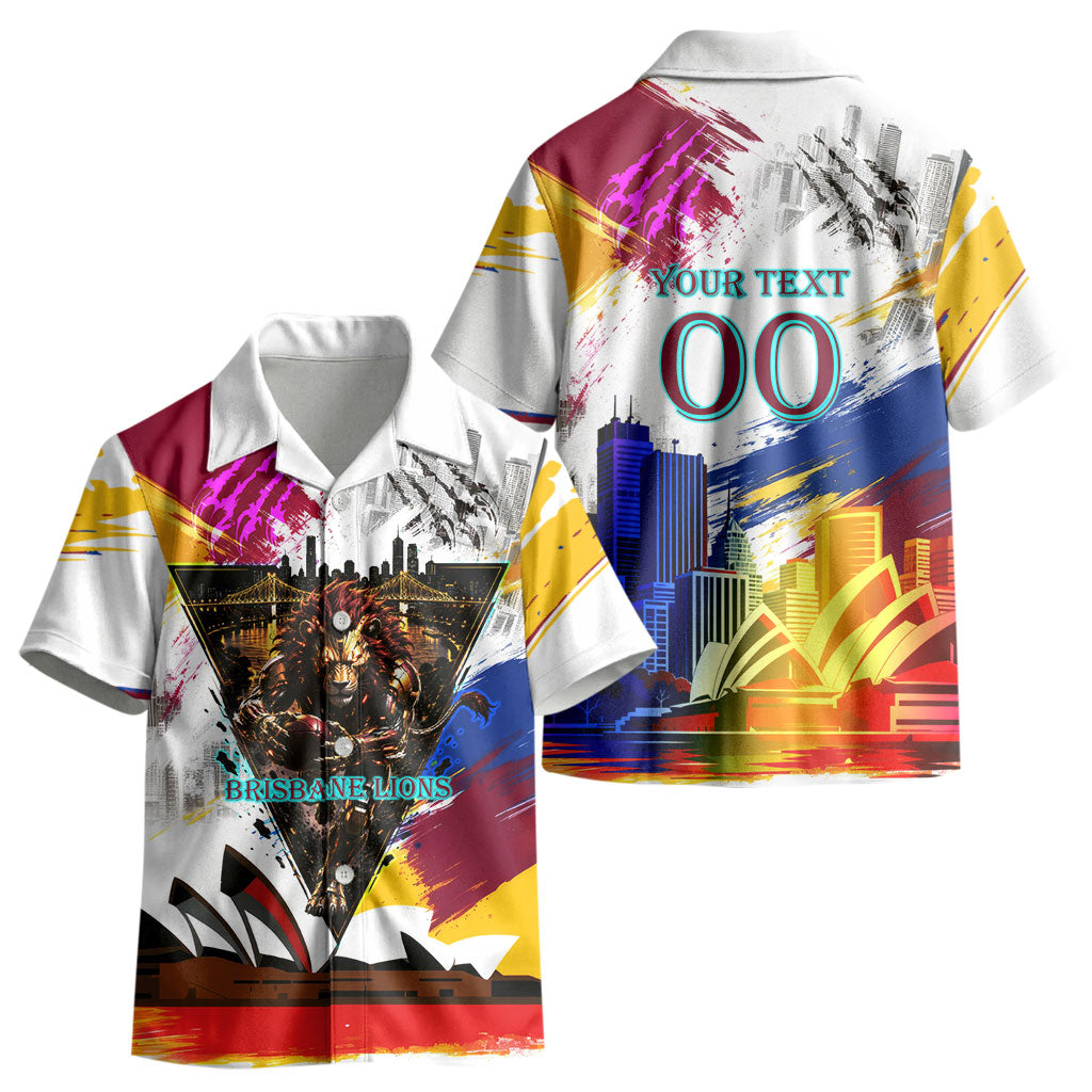 Personalised Brisbane Lions Football Kid Hawaiian Shirt Australia City Skyline Graphic Fierce Mascot Art