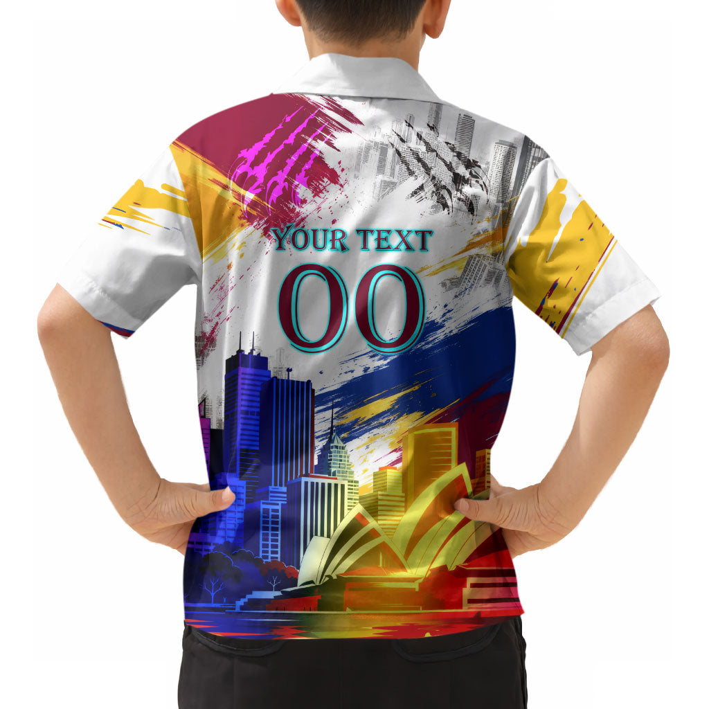 Personalised Brisbane Lions Football Kid Hawaiian Shirt Australia City Skyline Graphic Fierce Mascot Art