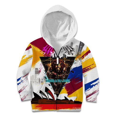 Personalised Brisbane Lions Football Kid Hoodie Australia City Skyline Graphic Fierce Mascot Art