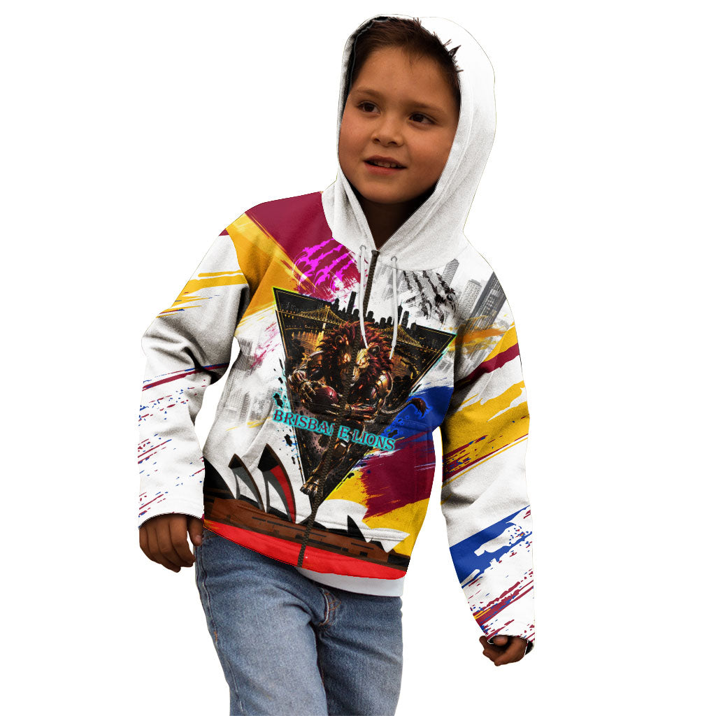 Personalised Brisbane Lions Football Kid Hoodie Australia City Skyline Graphic Fierce Mascot Art