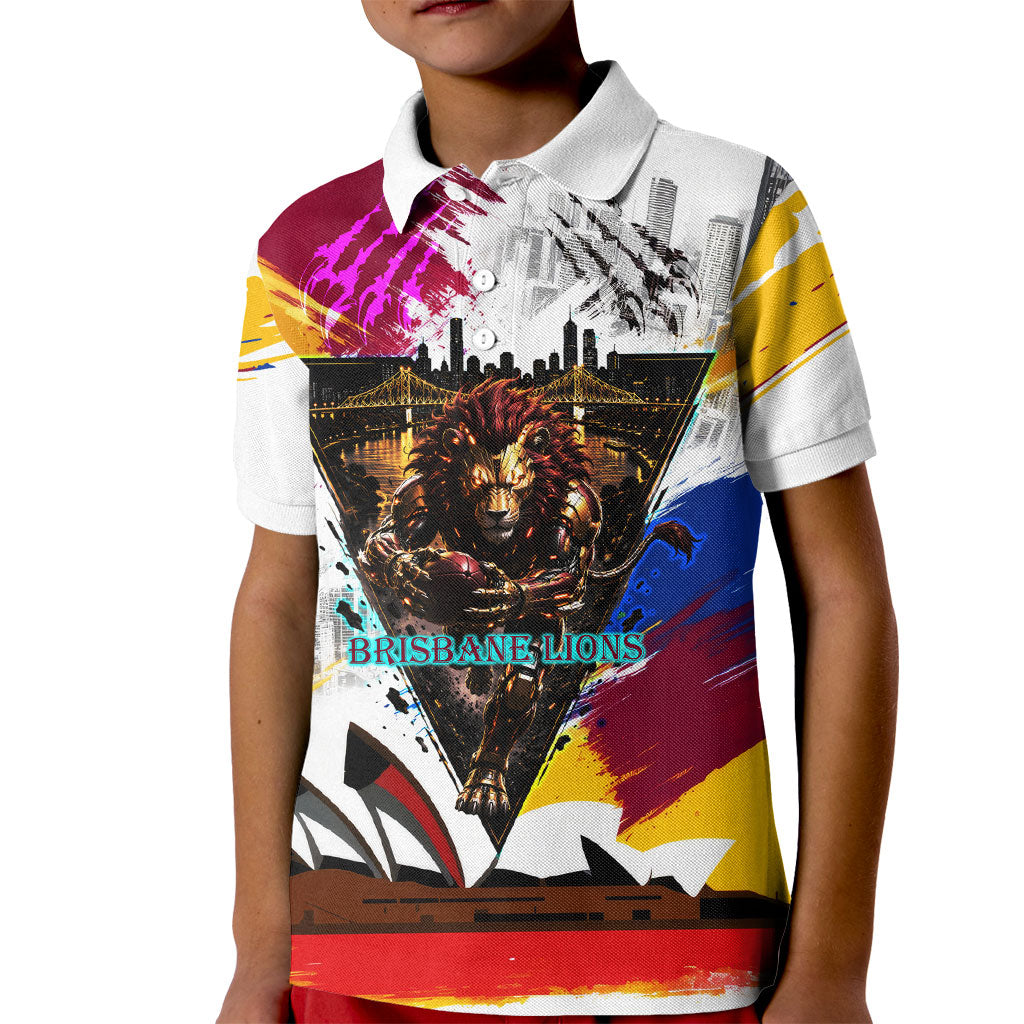 Personalised Brisbane Lions Football Kid Polo Shirt Australia City Skyline Graphic Fierce Mascot Art