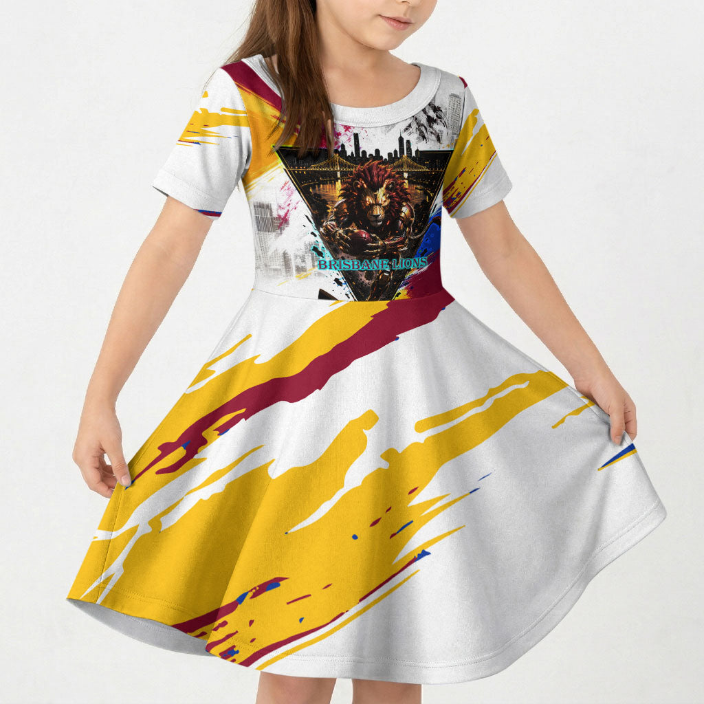 Personalised Brisbane Lions Football Kid Short Sleeve Dress Australia City Skyline Graphic Fierce Mascot Art