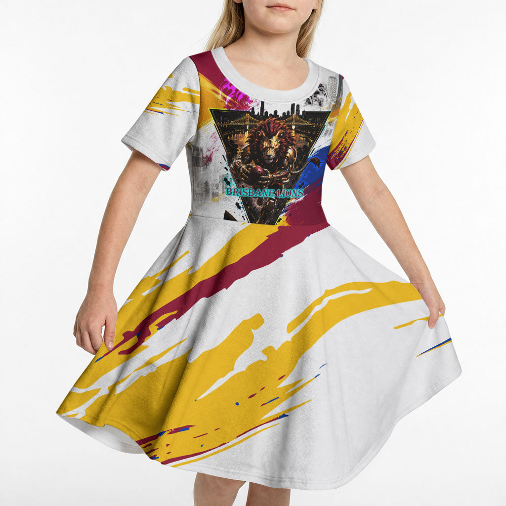 Personalised Brisbane Lions Football Kid Short Sleeve Dress Australia City Skyline Graphic Fierce Mascot Art