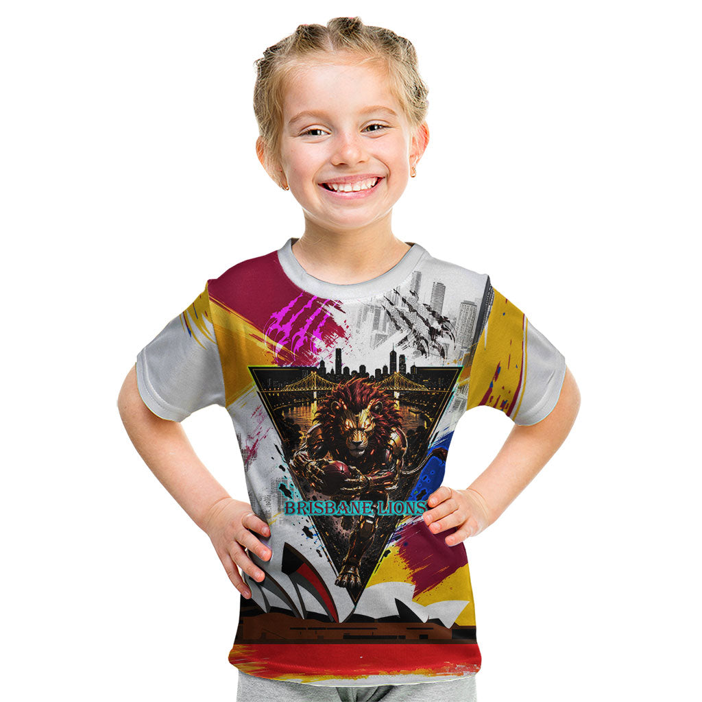 Personalised Brisbane Lions Football Kid T Shirt Australia City Skyline Graphic Fierce Mascot Art