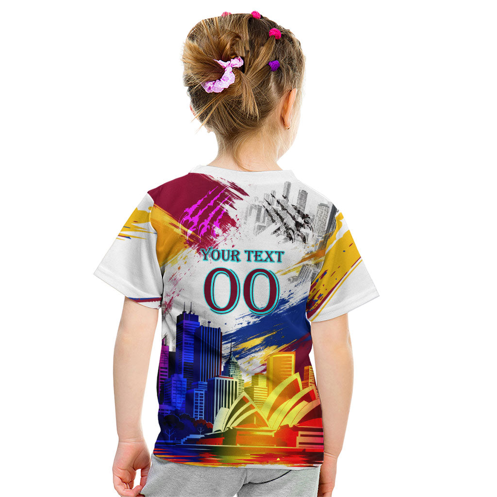 Personalised Brisbane Lions Football Kid T Shirt Australia City Skyline Graphic Fierce Mascot Art