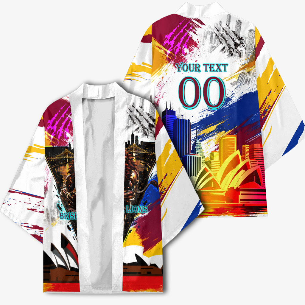 Personalised Brisbane Lions Football Kimono Australia City Skyline Graphic Fierce Mascot Art