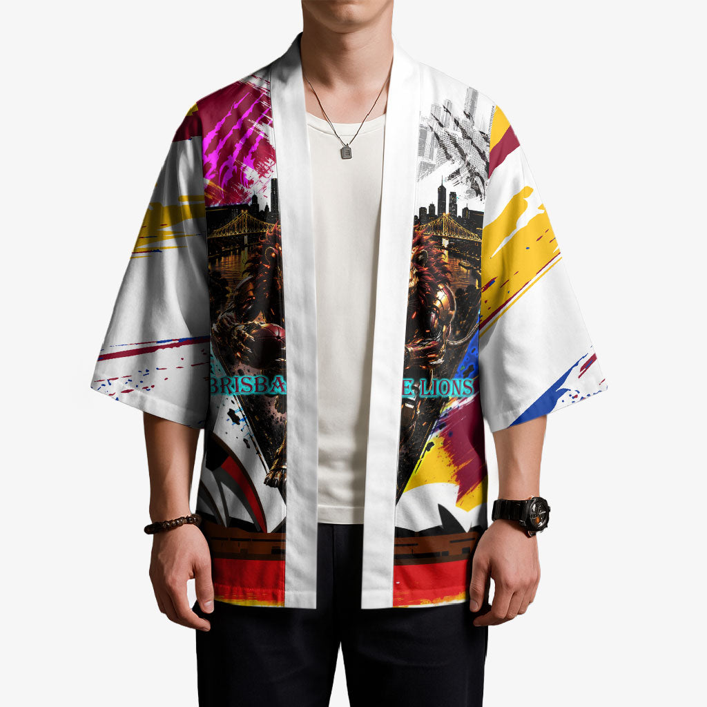 Personalised Brisbane Lions Football Kimono Australia City Skyline Graphic Fierce Mascot Art