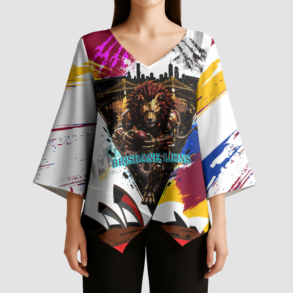 Personalised Brisbane Lions Football Kimono Sleeve Blouse Australia City Skyline Graphic Fierce Mascot Art
