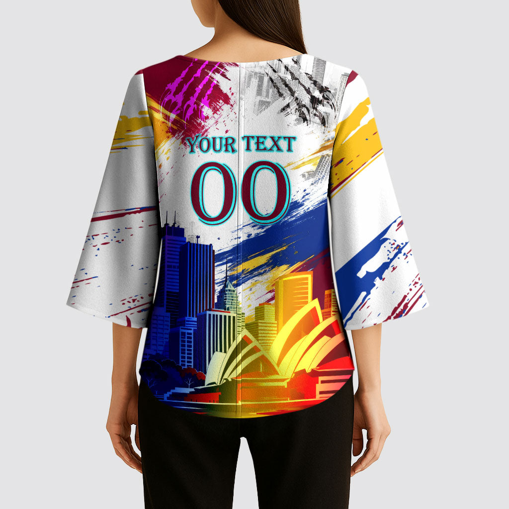 Personalised Brisbane Lions Football Kimono Sleeve Blouse Australia City Skyline Graphic Fierce Mascot Art