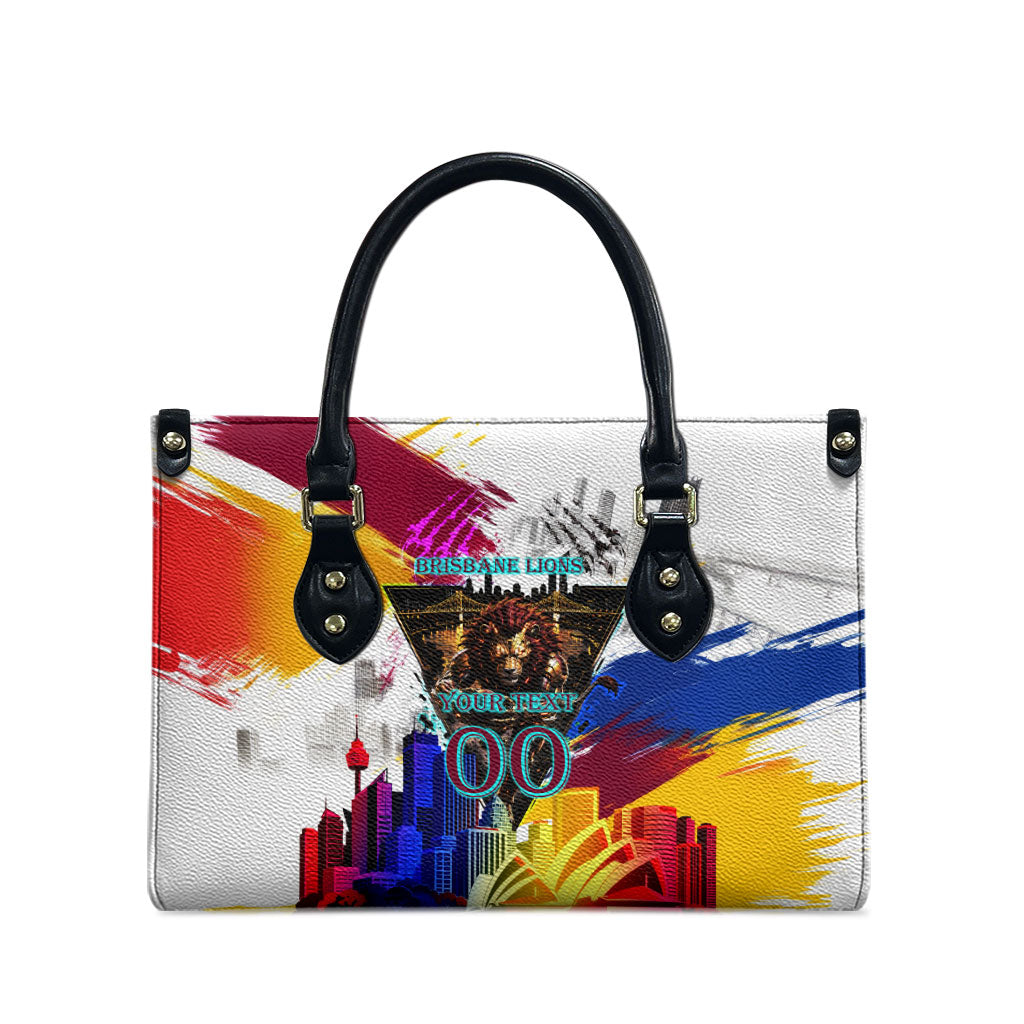 Personalised Brisbane Lions Football Leather Bag Australia City Skyline Graphic Fierce Mascot Art