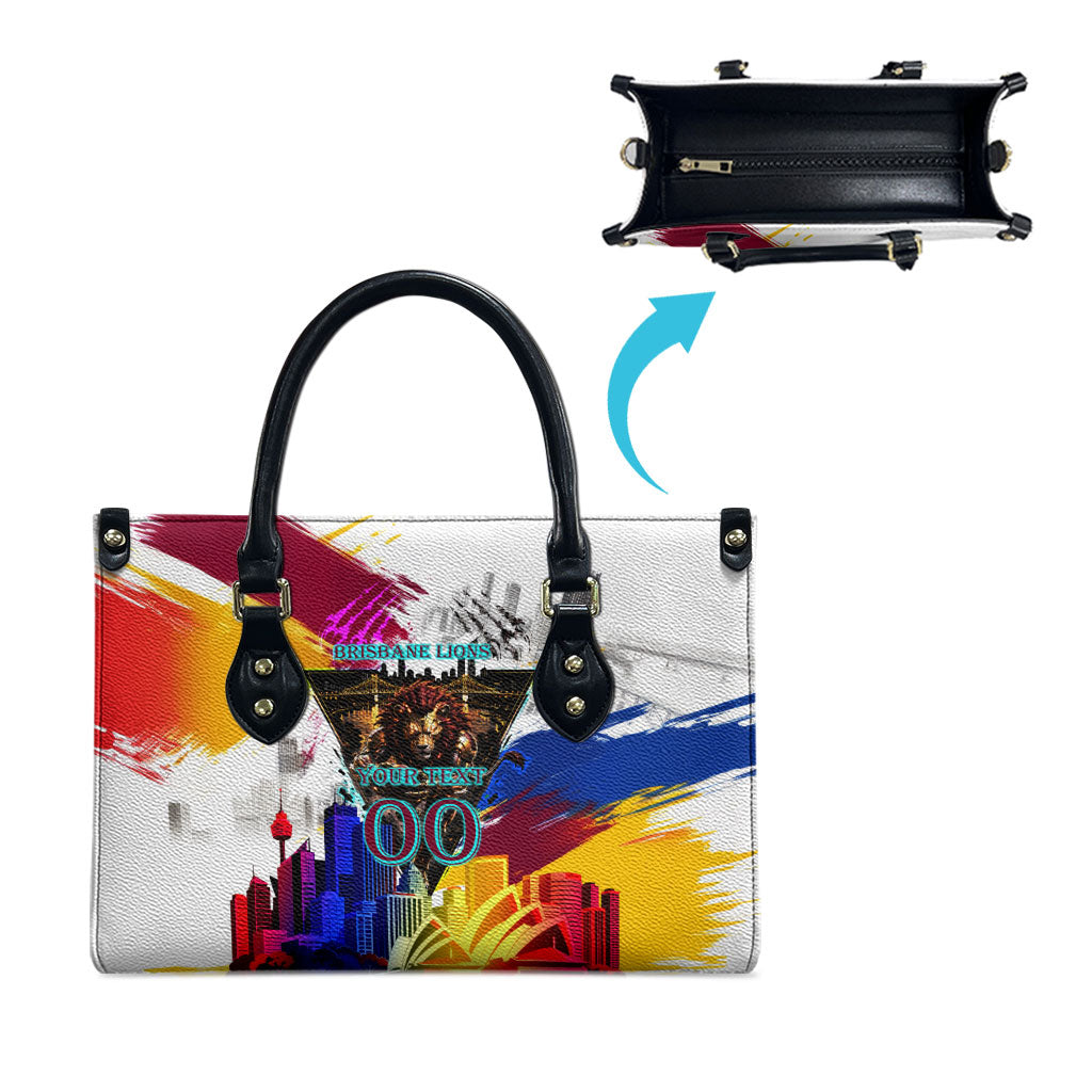 Personalised Brisbane Lions Football Leather Bag Australia City Skyline Graphic Fierce Mascot Art