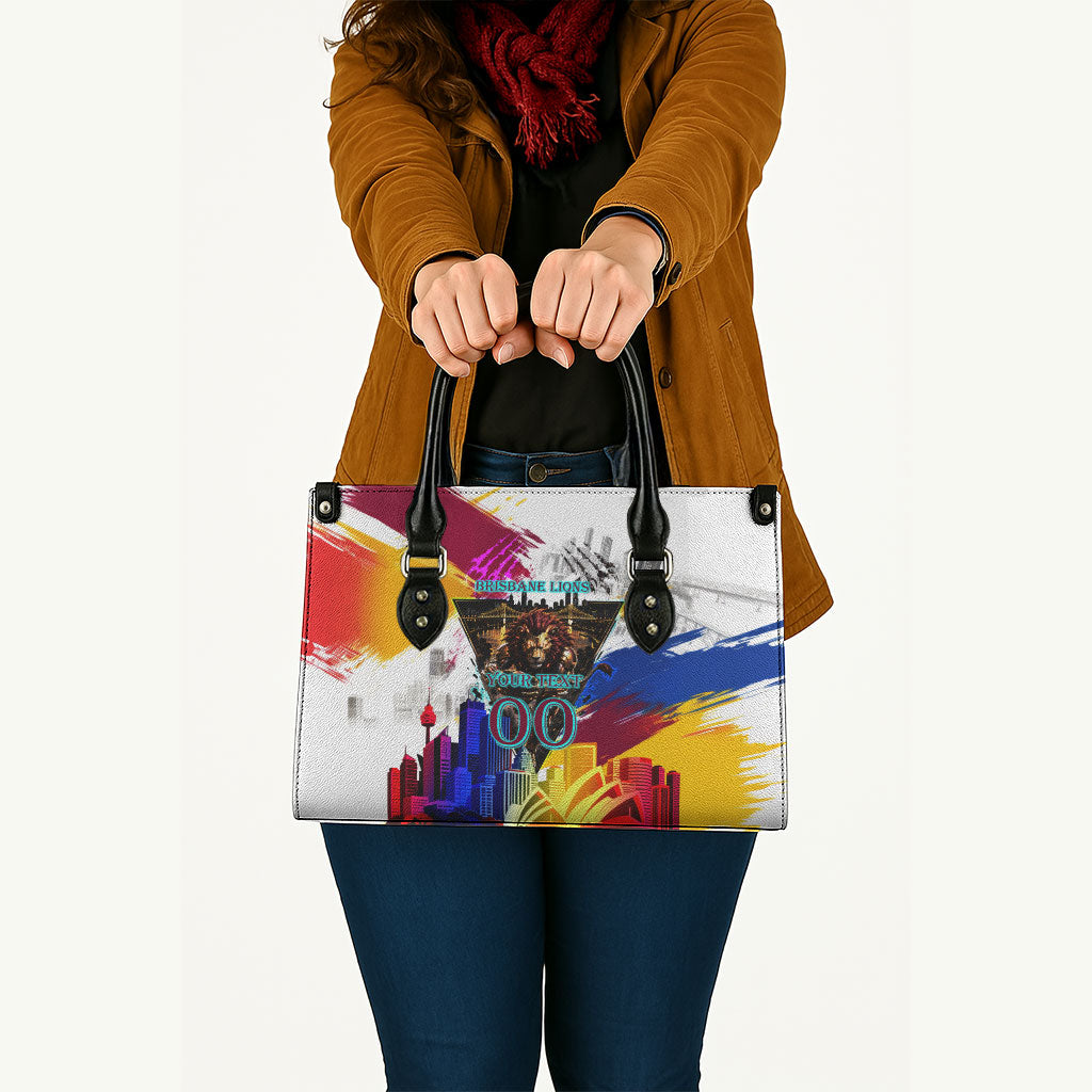 Personalised Brisbane Lions Football Leather Bag Australia City Skyline Graphic Fierce Mascot Art