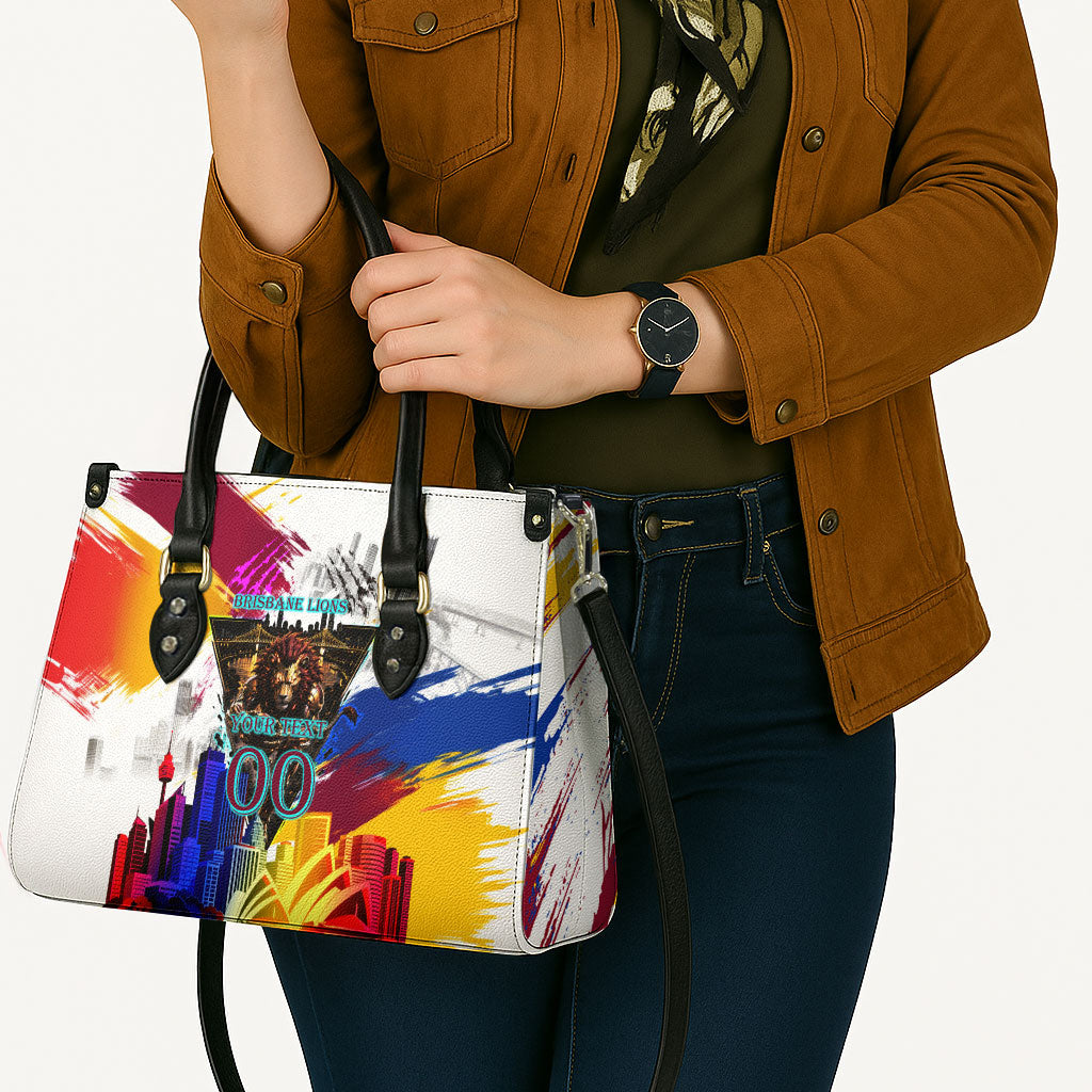 Personalised Brisbane Lions Football Leather Bag Australia City Skyline Graphic Fierce Mascot Art